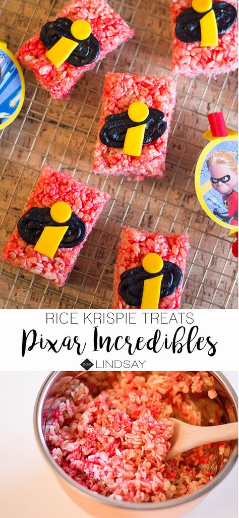 Homemade Disney-Pixar Incredibles Rice Krispie Treats - seeLINDSAY Incredibles Themed Food, Incredibles Food Ideas, Incredibles Birthday Party Food, Pixar Food Ideas, The Incredibles Movie Night, The Incredibles Birthday Party Ideas, Incredibles Party Food, Incredibles 1st Birthday Party, Disney Pixar Birthday Party Ideas