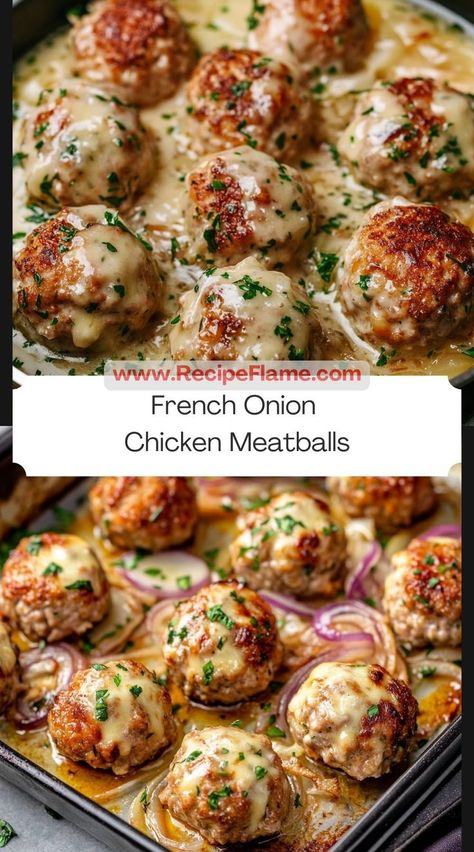 Make your next meal unforgettable with these French Onion Chicken Meatballs, a comforting and flavorful dish. French Onion Meatballs With Orzo, Chicken Alfredo Meatballs, Meatball Meals Dinners, Chicken Meatballs Crockpot, Recipes With Meatballs, Recipe With Meatballs, French Onion Chicken Meatballs, Chicken Meatball Recipe, Healthy Meatballs