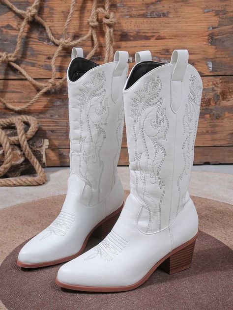 ROMWE Fairycore 2024 New Spring & Autumn Collection White Pointed Toe Embroidered Western Style Riding Boots, Cowboy Boots For WomenI discovered amazing products on SHEIN.com, come check them out! Cute White Cowgirl Boots, Wedding White Boots, White Boots Cowgirl, Women’s Cowboy Boots, Megan Outfit, Western Wedding Boots, White Wedding Boots, Cow Boy Boots, Style Riding Boots