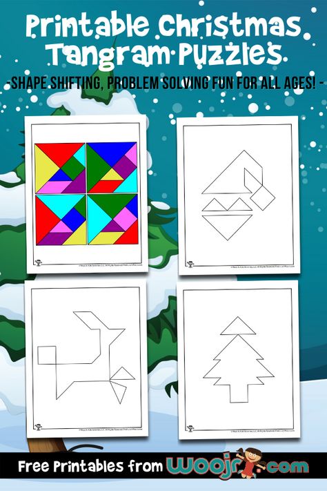 Printable Christmas Tangram Puzzles Tangram Printable Free, School Library Themes, Tangram Patterns Printables Free, Fall Tangram Printable Free, Christmas Mazes For Kids Free Printables, Tangram Printable, Diy Tangram Puzzle, Chip Costume, Tangram Activities