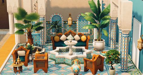 The Sims 4 Courtyard Oasis Kit has some interesting object descriptions. They could just be the usually quirky copywriting from The Sims 4 team. Or they could be hints. Maybe. Sims 4 Courtyard Oasis, Sims 4 Courtyard, Courtyard Oasis, Spanish Country Home, Sims 4 Game Packs, Moroccan Palace, Hanging Wall Lanterns, Gilded Furniture, Moroccan Houses