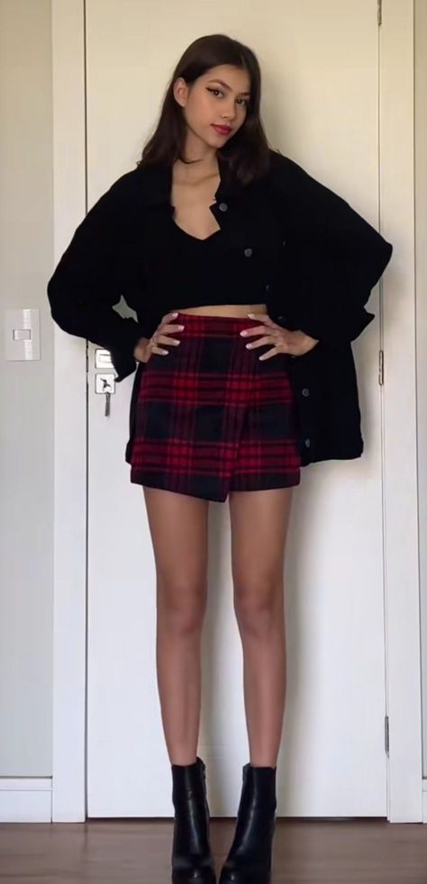 red skirt leather jacket outfit (@yaszou) Red Plade Skirt Outfit, Short Skirt Long Jacket Outfit, Black And Red Skirt Outfit, Red And Black Skirt Outfit, Plade Skirt Outfit Aesthetic, Red Checkered Skirt Outfit, Short Red Skirt Outfit, Red Skirt Outfit Aesthetic, Skirt Leather Jacket Outfit