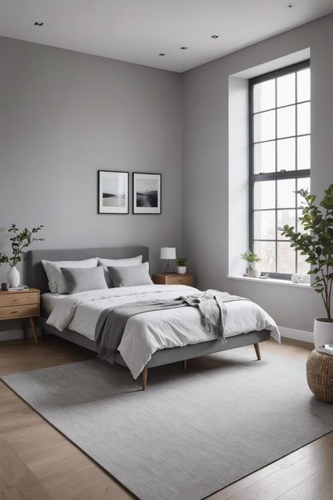 Light Gray Master Bedrooms Decor, Grey Wall Interior Design, Gray Hardwood Floors Bedroom, Light Gray Bedroom Aesthetic, Grey Wall Aesthetic Bedroom, Bedroom Ideas With Light Grey Walls, Grey Bed White Walls, Bedroom Inspo Grey Walls, Grey Bedframe Room