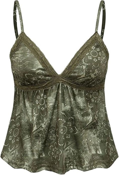 Verdusa Women's Printed Lace Trim Sleeveless Peplum Top V Neck Ruffle Hem Cami Top Green Medium at Amazon Women’s Clothing store Lace Cami Top Outfit, Flare Outfit, Hippie Women, Cami Outfit, Sleeveless Peplum Top, Lace Cami Top, Women Tank Tops, Swaggy Outfits, Lace Cami