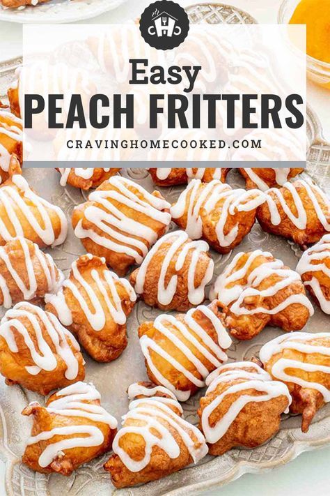 These delicious Peach Fritters are soft on the inside with bits of peach in each bite with a simple peach glaze to finish. #peach #fritters #recipe Fritter Batter Recipe, Peach Fritters, Crossiant Recipes, Peach Glaze, Fried Pies, Baked Peach, Fritters Recipe, Bbq Menu, Batter Recipe