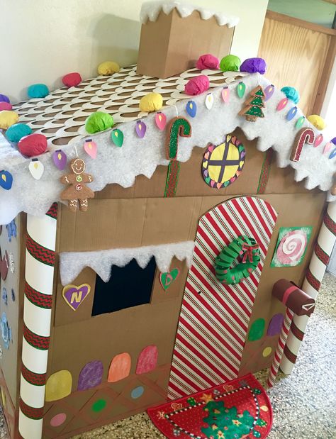 Giant gingerbread house. ❄️ Gingerbread Playhouse, Giant Gingerbread House, Cardboard Gingerbread, Diy Christmas Decorations Dollar Store, Cardboard Gingerbread House, Ginger Bread House Diy, Gingerbread House Template, Dollar Store Christmas Decorations, Christmas Classroom Door