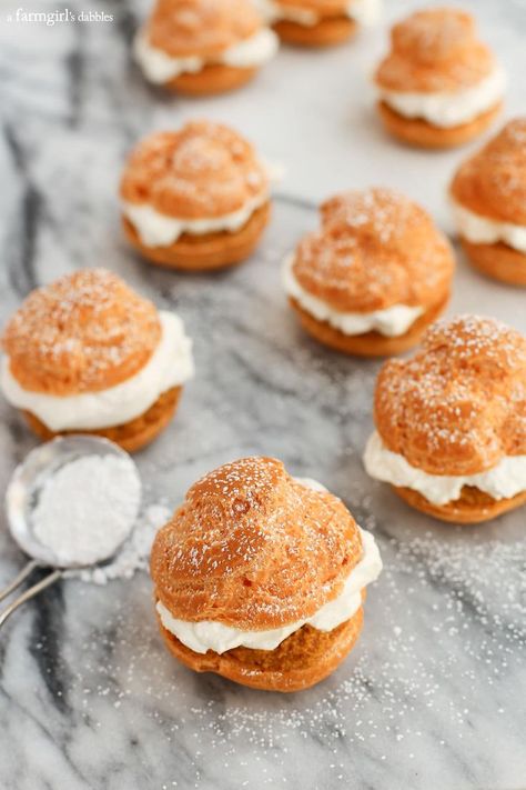 Pumpkin Pie Cream Puffs from afarmgirlsdabbles.com - A fun and beautiful way to enjoy a pumpkin dessert! #pumpkin #pie #creampuff #thanksgiving #dessert Cream Puff Recipe, Puff Recipe, Thanksgiving Food Desserts, Pumpkin Treat, Themed Desserts, Oreo Dessert, Pumpkin Cream, Thanksgiving Desserts, Cream Puffs