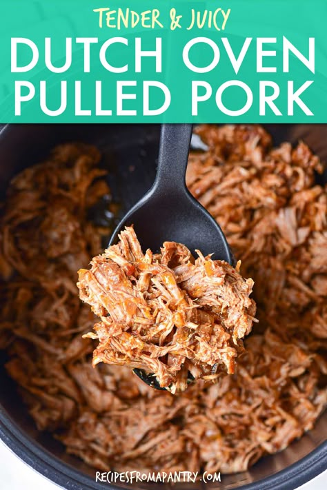 This is seriously the best Dutch Oven Pulled Pork ever! It's so easy to make using everyday pantry staples and requires minimal prep. Perfectly crowd-pleasing pulled pork is made even tastier thanks to the addition of ginger beer. Cook up a batch of this juicy pulled meat for your next potluck, party, or game day. It's also a great meal prep solution and freezer friendly! Click through to get this awesome Dutch Oven Pulled Pork recipe!! #pulledpork #dutchoven #pulledpork #recipes #pork #dinner Pork Shoulder In Dutch Oven, Dutch Oven Pulled Pork Recipes, Pulled Pork Dutch Oven Recipe, Pulled Pork Stove Top Recipes, Pork Butts In The Dutch Oven, Pulled Pork In Dutch Oven, Pulled Pork Dutch Oven, Baked Pulled Pork, Dutch Oven Pulled Pork