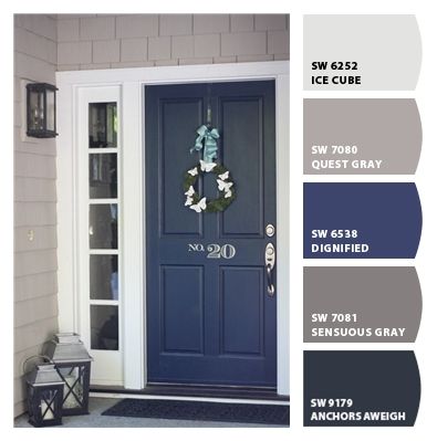 Gray Houses With Blue Front Doors, Exterior Paint And Shutter Combinations, Door Colors For Gray House With Black Shutters, Exterior House Colors With Blue Door, Sw Outer Space Exterior, Grey House Navy Door, Navy Blue Front Door Tan House, Front Door Color With Grey Siding, Beige House Blue Shutters