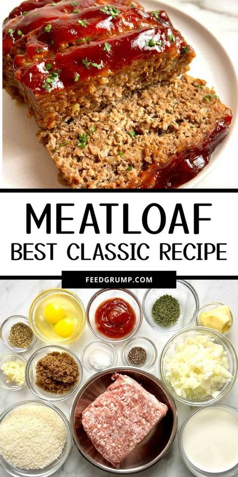 The best classic meatloaf recipe! Tender, moist, and topped with a sweet and tangy ketchup glaze. Easy to make with ground beef, but feel free to use pork, chicken, or turkey for a flavorful twist! Meatloaf Sweet Glaze, Meatloaf Recipes Apple Cider Vinegar, Meatloaf Recipes Pork And Beef, Ground Beef Ground Pork Meatloaf, Country Meatloaf Recipes, Glazed Meatloaf Recipes, Meatloaf With Heinz 57, Meatloaf Recipes With Ground Beef And Italian Sausage, Meatloaf With Ground Beef And Pork