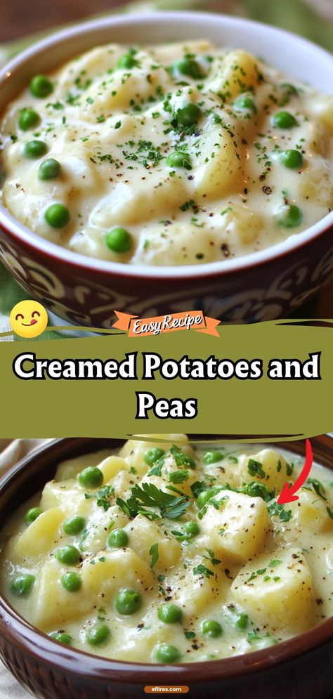 Creamed Potatoes and Peas is a comforting side dish that brings back memories of home. Creamy, soft potatoes and sweet peas are simmered together in a light, flavorful sauce. It's a classic pairing that complements any meal beautifully. #ComfortFood #CreamedVegetables #HomeCooked Creamed Dill Potatoes, Creamed Potatoes And Peas Recipe, Cream Potatoes And Peas, Peas And Potatoes In Cream Sauce, Cream Peas And Potatoes, Potato And Peas Recipes, Creamed Potatoes And Peas, Creamed Potatoes Old Fashioned, Potatoes And Peas Recipe