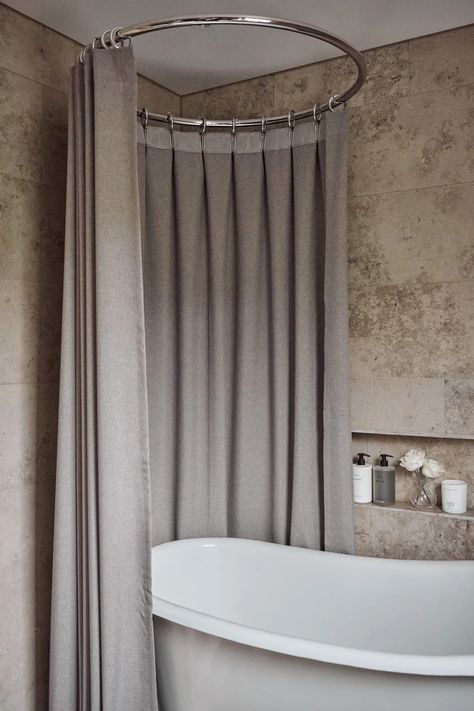 Grey Shower Curtain, Freestanding Bath With Shower, Luxury Shower Curtain, Cozy Cottage Kitchen, Gray Shower Curtains, Roll Top Bath, Custom Made Curtains, Quality Curtains, Cottage Kitchens