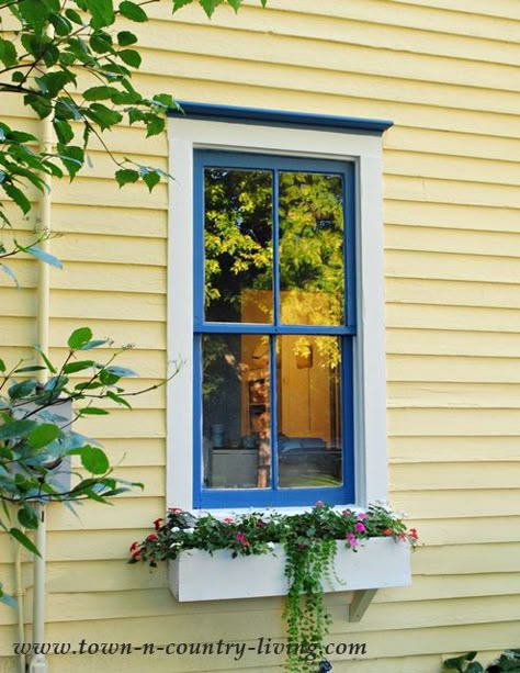 The blue is Downpour by Shermin Williams. The siding is a buttery yellow called Butter Up. The white is Snowbound and it’s a true white that makes everything look crisp. Blue Window Trim Exterior, Butter Yellow House Exterior, Yellow Beach House Exterior, Yellow Cottage Exterior, Yellow House Exterior, Yellow Exterior, House Window Design, House Country, Yellow Cottage