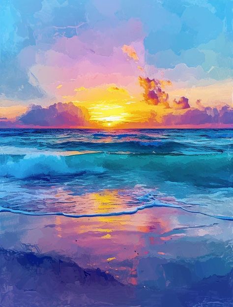 Add a touch of Florida beauty to your home with this one of a kind oil painting of Siesta Key Beach. The stunning sunset shades of cotton candy in the sky effortlessly blend together, capturing the serene and tranquil ambiance of the beach. Perfect for any wall decor, this painting adds a peaceful and inviting atmosphere to any room, reminding you of calm evenings by the shore. This original painting is created with high quality oil paints on canvas, ensuring its longevity and vibrant colors. Me Paintings Of Beaches, Sunsets Over Water, Colorful Beach Painting, Calm Paintings, Beach Paintings On Canvas, How To Paint Sunset, Florida Painting, Oil Painting Beach, Beach Sunset Painting