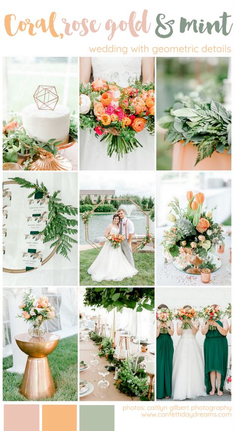 Coral Mint peach and Rose Gold wedding theme with greenery and geometric details for a summer outdoor garden wedding with floral bridesmaid gowns and romantic octagon wedding arch.   https://confettidaydreams.com/coral-mint-rose-gold-wedding-theme/  #wedding #coralwedding #pinkwedding #gardenwedding #summerwedding #outdoorwedding #colorscheme #weddingcolorscheme #colorpalette #weddingcolorpalette #weddingtheme Peach And Coral Wedding Theme, May Outdoor Wedding Colors, Rose Gold Summer Wedding, Peach And Mint Wedding Theme, Summer Colour Wedding Theme, Coral Green Wedding, Sage Green And Coral Wedding, Wedding Theme Ideas Spring, Sage And Coral Wedding