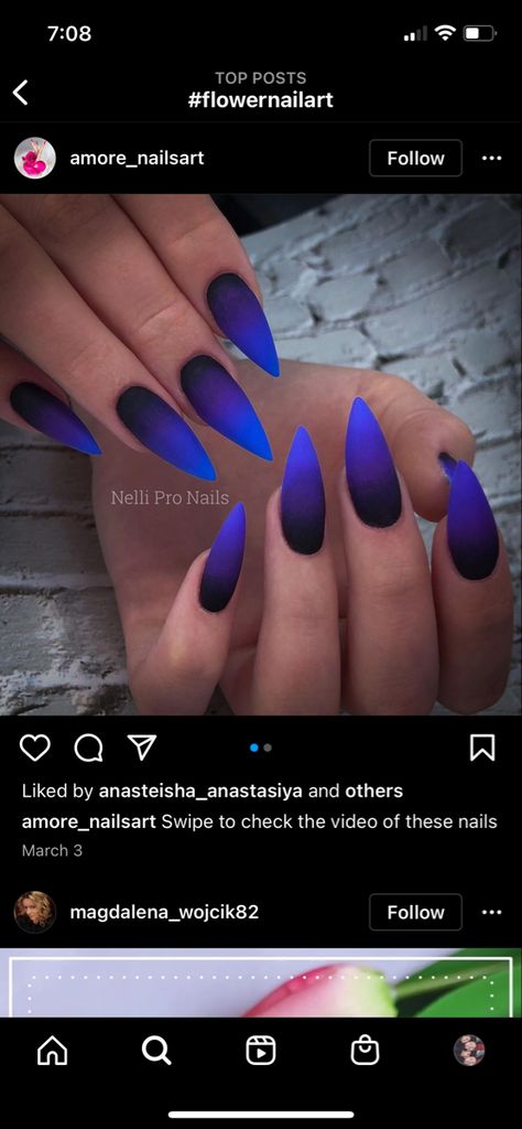 Witchy Ombre Nails, Dark Birthday Nails, Blue And Purple Nail Ideas, Navy Ombre Nails, Witchy Nails Blue, Purple Blue Ombre Nails, Dark Purple And Blue Nails, Gothic Blue Nails, Purple Blue And Black Nails