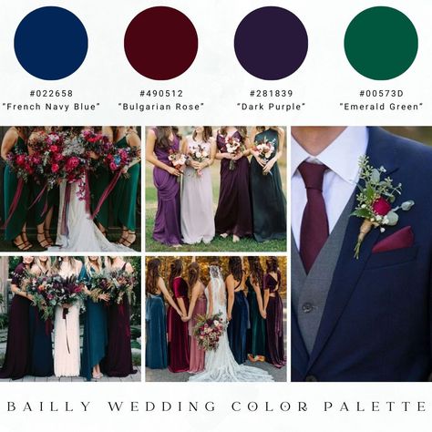 Navy Emerald Plum Wedding, Wedding Plum Color Schemes, Navy Maroon Green Wedding, Burgundy Blue Green Color Palette, Muted Jewel Tones Color Palettes Wedding, Plum And Navy Wedding Color Schemes, Emerald Color Combinations, Forest Green And Purple Wedding, Jewel Tone Groomsmen Attire