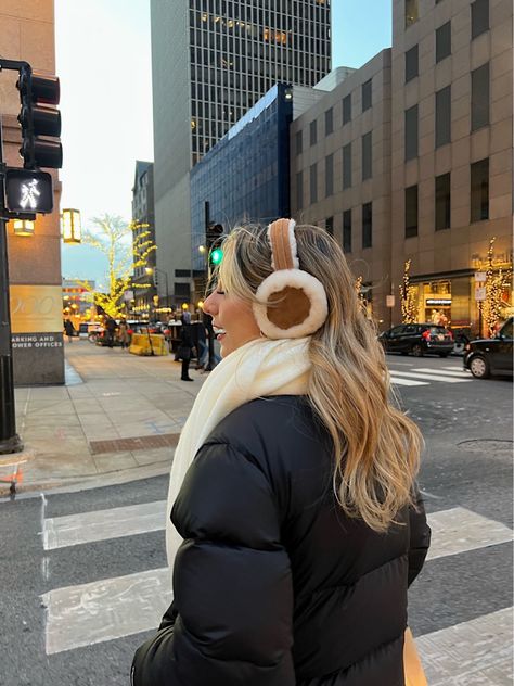 Winter | city life | chicago | scarf | earmuffs | blonde hair | instagram pic inspo Winter Aesthetic Earmuffs, Earmuffs Hairstyle, Ugg Earmuffs Outfit, White Earmuffs Outfit, Earmuffs Outfit Winter, Earmuffs Outfit, Baddie Winter Outfits, Mini Skirt Outfit Winter, Winter Outfits Black Women