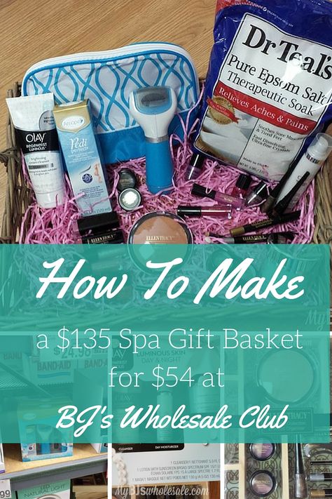 How to Make A $135 Spa Day Gift Basket for only $54 at BJ's Wholesale club - http://www.mybjswholesale.com/2016/04/make-200-spa-day-gift-basket-54-bjs-club.html/ Spa Raffle Basket Ideas, Spa Day Gift Basket, Diy Spa Gifts Baskets, Spa Day Gift, Money Food, Spa Day Gifts, Auction Basket, Spa Basket, Care Basket