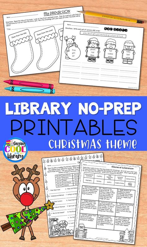 Teach your elementary students library skills with these no prep worksheets and printables with a Christmas theme. Perfect to leave for a substitute. Can use with K-5 students in a school library media center. Includes library surveys for end of year reflection. Review nonfiction, fiction, Dewey Decimal System, genres, alphabetical order, ELA skills, dictionary skills, reference materials, parts of a book, book reports and reviews and much more. #stayingcoolinthelibrary Christmas Library, Year Reflection, Dictionary Skills, Dewey Decimal System, Library Lesson Plans, Library Media Specialist, Social Studies Education, Parts Of A Book, Dewey Decimal