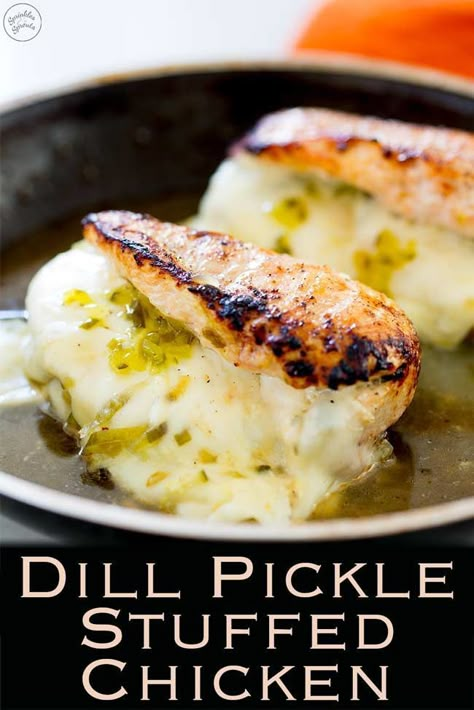 Dill Pickle Stuffed Chicken | Juicy chicken, golden brown on top stuffed full of oozing melted provolone and tangy sweet dill pickle. This simple chicken dinner is a must for all pickle lovers. Recipe by Sprinkles and Sprouts | Delicious Food for Easy Entertaining #chicken #pickles #dillpickle #cheese #stuffedchicken #dinner Stuffed Chicken Breasts, Nice Food, Simple Chicken, Winner Winner Chicken Dinner, Stuffed Chicken, Pickling Recipes, Dill Pickle, Juicy Chicken, Provolone