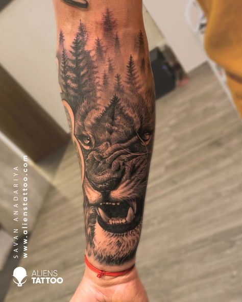 Lion With Trees Tattoo, Lion And Forest Tattoo, Lion Forest Tattoo, Forrest Arm Tattoo, Lion And Mountain Tattoo, Lion And Tree Tattoo, Lion Mountain Tattoo, Mountain Lion Tattoo Design, Lion Tree Tattoo