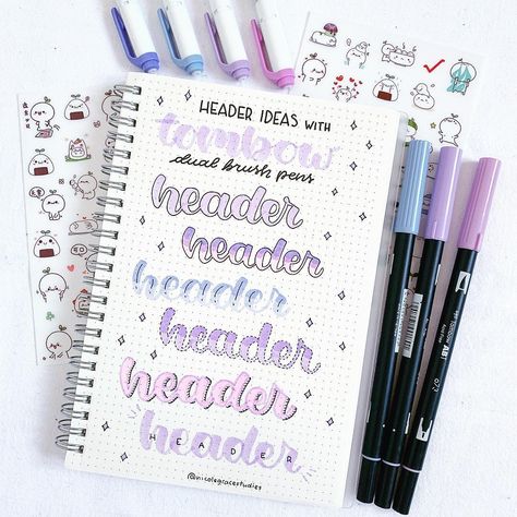 Nicole Grace on Instagram: “Do you like @tombowusa dual brush pens?💖 .  Header ideas with tombow dual brush pens, you can use these headers in your bullet journal or…” Journal Headers, Journal D'inspiration, Bullet Journal Titles, Header Ideas, Bullet Journal Headers, Bullet Journal Font, Lettering Guide, Journal Fonts, Bullet Journal Banner