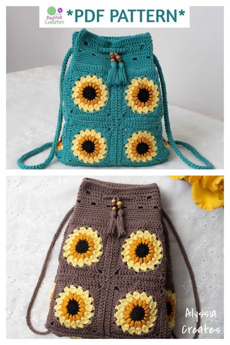 Sunflower Backpack Crochet, Drawstring Granny Square Bag, Free Backpack Crochet Patterns, Bag Crochet Pattern Free Tutorials, Crochet Granny Square Backpack Free Pattern, Crochet Drawstring Backpack Pattern Free, Crochet Sunflower Bag Free Pattern, Backpack Crochet Pattern Free, Granny Square Backpack Free Pattern