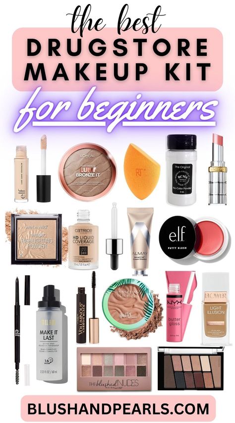 The Best Drugstore Makeup Kit For Beginners. Enjoy an awesome affordable makeup routine with this drugstore makeup kit guide for all skin types. | drugstore makeup starter kit beginners | must have drugstore makeup | drugstore makeup routine | budget friendly makeup routine | drugstore makeup tips | best drugstore foundation concealer primer powder beauty sponge blush bronzer eyeshadow mascara brow pencil setting spray. Drugstore Makeup 2023, Drugstore Makeup Routine, Makeup Kit For Beginners, Affordable Eyeshadow Palettes, Starter Makeup, Makeup Rare Beauty, Holy Grail Makeup, Bronzer Eyeshadow, Drugstore Eyeshadow