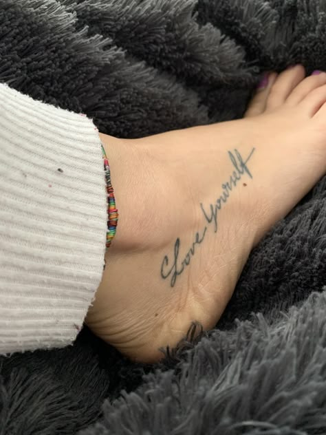 Love You More Tattoo, Side Foot Tattoos, Yourself Tattoo, Arm Tattoos Drawing, Love Yourself Tattoo, Dove Tattoos, Cute Hand Tattoos, Pretty Hand Tattoos, Foot Tattoos For Women