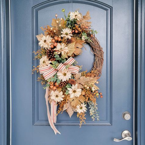 Neutral Colored Fall Silk Flower Wreath for Front Door, Natural Looking Autumn Farmhouse Wreath with Pinecone and Berries Autumn Front Door, Berries And Cream, Silk Flower Wreaths, Autumn Farmhouse, Beautiful Front Doors, Flower Wreaths, Artificial Wreath, Flowers And Greenery, Autumn Wreath