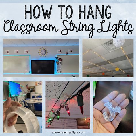 Are you looking for tips on how to hang string lights in your classroom? Teachers are using string lights in their classroom for ambient lighting. There are LED strip lights, LED string lights, and fairy lights with dimmers. For many types… Cinder Block Classroom Walls, Classroom String Lights, Fairy Lights Classroom, Led Lights Classroom, Classroom Lighting, Classroom Corner, Classroom Ceiling, Classroom Window, Math Classroom Decorations