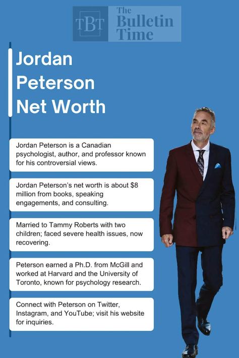 Jordan Peterson, a Canadian psychologist born June 12, 1962, is renowned for his controversial views and bestselling books like 12 Rules for Life. With a net worth of $8 million, his income stems from speaking engagements, consulting, and book sales. He’s active on social media and runs a popular podcast. 12 Rules For Life, Rules For Life, Psychology Research, Jordan Peterson, Life Rules, University Of Toronto, Bestselling Books, Second Child, Book Sale