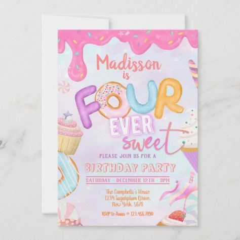 $3.08 | Fourever Sweet Girl 4th Birthday Invitation - donut party, pink donut party, girl donut party, is two sweet, donut grow up, cupcake birthday invitation, baby's 1st birthday, turning 4, 4th birthday girl, four ever sweet invitation Ice Cream Cupcake, 4de Verjaardag, Candy Theme Birthday Party, Donut Ice Cream, Girls 3rd Birthday, Girl Birthday Party Invitations, Third Birthday Party, 2nd Birthday Invitations, Candy Theme