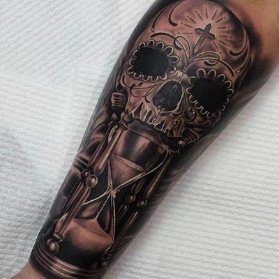 Day Of The Dead Skull Tattoo, Day Of Dead Tattoo, Catrina Tattoo, Skull Girl Tattoo, Hourglass Tattoo, Skull Sleeve Tattoos, Skull Sleeve, Forarm Tattoos, Aztec Tattoo