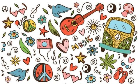 60s Doodles, Hippie Doodles Easy, 70s Doodles, Wall Doodle Art, Peace Doodle, Groovy Doodles, Hippie Icons, Hippie Doodles, Woodstock Theme