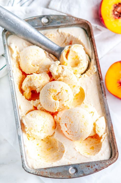 No Churn Peaches and Cream Ice Cream - Just 4 ingredients and 15 minutes of prep to make the ultimate summer peach ice cream. No churning required! From aberdeenskitchen.com #nochurn #icecream #summer #peaches #cream #dessert #easy Peaches And Cream Ice Cream, Freezer Desserts, Peach Ice Cream, Peach Puree, Mid July, Cream Ice Cream, Dessert Easy, No Churn Ice Cream, Peaches And Cream