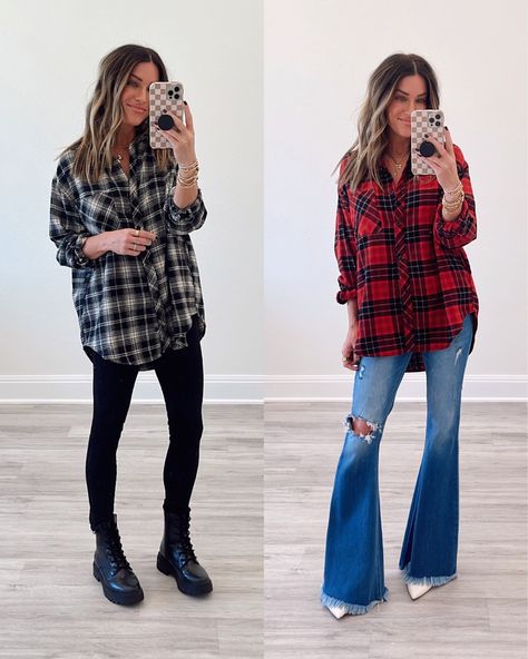 Work Outfit Flannel, Women’s Plaid Shirt Outfit, Flannel Outfits For Women Winter, Long Plaid Shirt Outfit, Cowgirl Flannel Outfits, Vegas Casual Outfit Winter, Long Flannel Shirt Outfit, Plaid Shirt Outfit Women, Flannel Outfits For Women