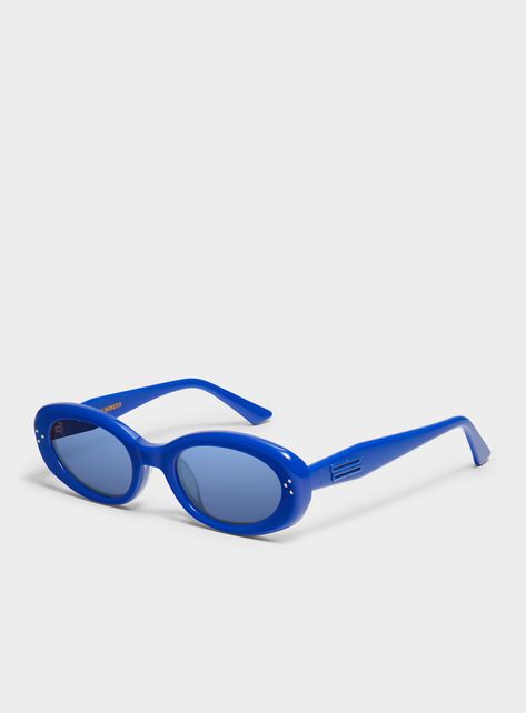 Gentle Monster Pierced Glasses, Elegant Blue Tinted Sunglasses, Gental Monster Sunglasses, Gentle Monster Earring Glasses, Luxury Blue Tinted Sunglasses, Latest Sunglasses, Gentle Monster, Blue Mirrors, Blue Frames