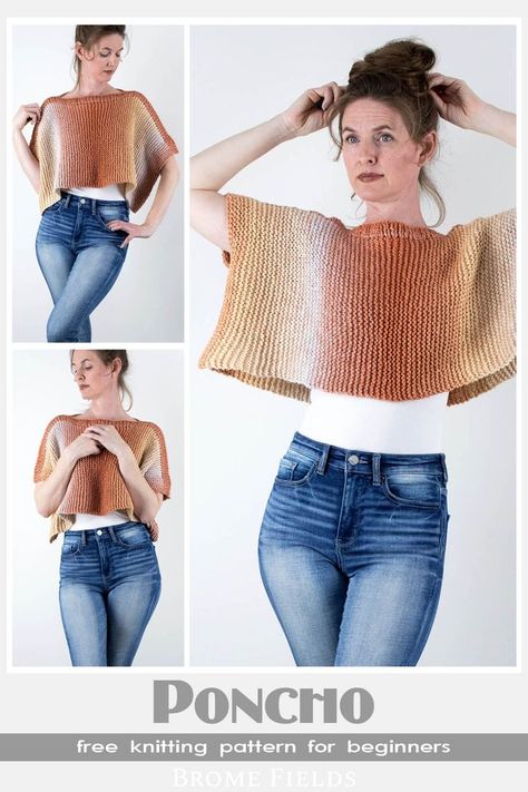 Super simple poncho knitting pattern using the garter stitch, so it's easy enough for a beginner knitter! Knitted Poncho Patterns Free Easy, Knitted Poncho Patterns Free, Easy Poncho Knitting Pattern, Poncho Knitting, Summer Knitting Patterns, Garter Stitch Knitting, Knitting Club, Knit Poncho Sweater, Poncho Knitting Patterns