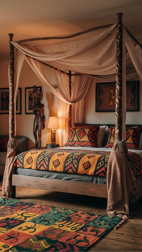 Discover the beauty of Afrocentric bedroom decor and transform your space into a cozy oasis with rich cultural elements. Infuse bold colors, intricate patterns, and traditional art pieces to create a warm and inviting atmosphere that reflects your unique style. Embrace the spirit of Africa in your home with unique textiles, wooden accents, and statement pieces that celebrate heritage and authenticity. Elevate your bedroom design with Afrocentric influences to make a powerful cultural statement w Afrocentric Bedroom, Africa Architecture, Afrocentric Decor, Bedroom Decor Ideas, Intricate Patterns, Traditional Art, Bold Colors, Statement Pieces, Bedroom Design