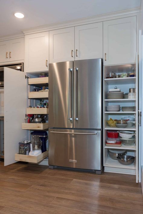 Built In Pantry Cabinet Wall, Cabinets Around Fridge, Tall Kitchen Storage, Pantry Cabinet Free Standing, Tall Kitchen Cabinets, Kitchen Cabinet Shelves, Built In Pantry, Pantry Wall, Pantry Shelving