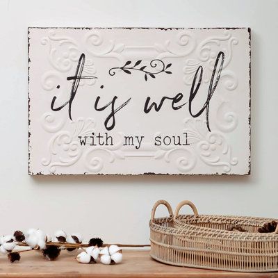 Hang our it is well with my soul ornate wall decor to express your faith and peace with rustic chic style. This wall sign features a large rectangular shape with a distressed finish, text design, and embossed floral details. Can be used in your entryway, living room, bedroom, or as a special gift for your family or friend to start a new life. Gracie Oaks | Gracie Oaks It Is Well w/ My Soul Ornate Metal Wall Decor black/Brown/gray 15.94 x 24.02 x 1.77 in | Home Decor | C011077886 | Wayfair Canada Start A New Life, Entryway Wall Decor, Handmade Wall Decor, It Is Well With My Soul, Accent Wall Decor, Floral Wall Decor, Church Decor, Dining Room Walls, Farmhouse Wall Decor