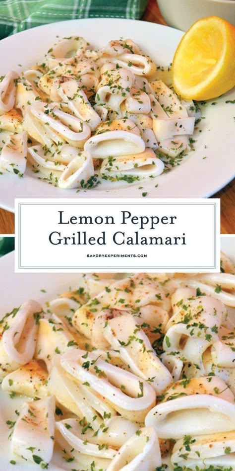 Grilled Calamari, Calamari Recipes, Squid Recipes, Seafood Recipe, Appetizers For A Crowd, Seafood Appetizers, Pescatarian Recipes, Seafood Dinner, Lemon Pepper