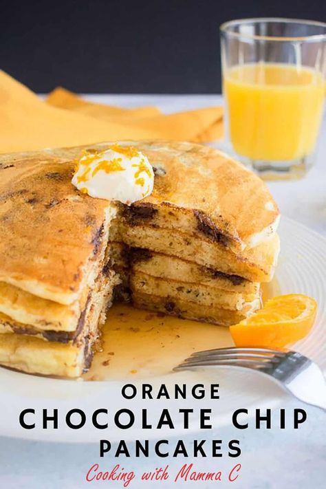 You've got to try these Chocolate Chip Pancakes with Orange Zest! Rich dark chocolate perfectly complements these fluffy orange pancakes, but feel free to use milk chocolate or white chocolate! #chocolatechippancakes #chocolatechippancakesrecipe #orangepancakes Orange Pancakes Recipes, Orange Pancakes, Chocolate Chip Pancakes Recipe, Orange And Chocolate, Healthy Breakfast Casserole, Breakfast Crockpot Recipes, Kimberly Ann, Orange Chocolate, Crockpot Breakfast