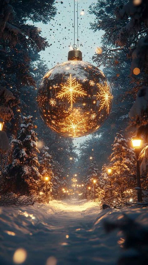 Enchanting 8K & 4K winter wonderland Christmas mobile wallpaper. Giant glowing ornament hangs over a snow-covered path. Perfect for your iPhone! Iphone Wallpaper 8k, Christmas Mobile, Victoria's Secret Pink Wallpaper, Iphone Wallpaper Winter, Christmas Tree Wallpaper, Christmas Forest, Winter Wonderland Christmas, Christmas Train, Holiday Background