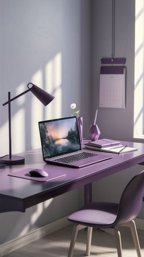 Purple Writer Aesthetic, Lilac Office Ideas, Purple Reading Aesthetic, Purple Office Aesthetic, Purple Study Aesthetic, Purple Home Office Ideas, Purple Aesthetic Pics, Home Setup Ideas, Purple Vision Board