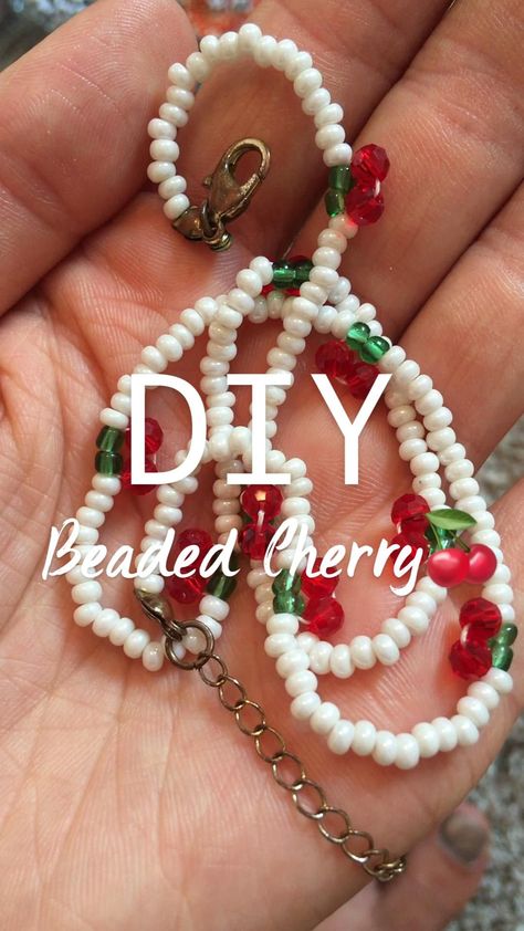 Cherry Seed Bead Necklace Tutorial, How To Make Cherry Bead Necklace, Cherry Beaded Necklace Tutorial, Cherry Seed Bead Bracelet, Seed Bead Choker Pattern, How To Make A Cherry With Beads, How To Make Cherry Bracelet, Cherry Bracelet Tutorial, Seed Bead Charms Diy