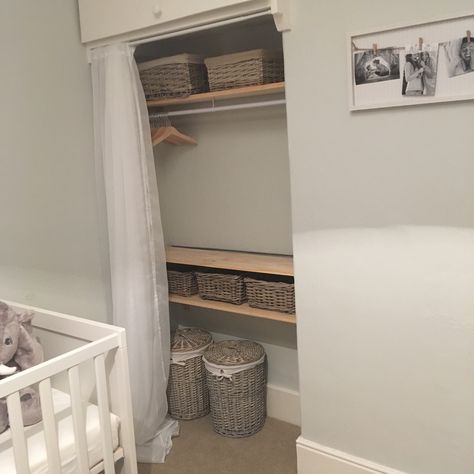 Our nursery 💛 built in wardrobe into the alcove with a double voile curtain Built In Wardrobe Curtain, Wardrobe Nook Ideas, Built In Small Wardrobe Ideas, Alcove Curtain Ideas, Alcove Clothes Storage, Nursery Alcove Ideas, Bedroom Alcove Ideas Storage, Nursery Built In Wardrobe, Small Alcove Ideas Bedroom