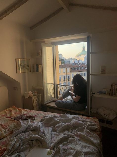 Sitting In Bed Aesthetic, By The Window Aesthetic, Sit In Window, Bae Window, Europe Apartment Aesthetic, Sitting In Window Aesthetic, Bay Window Aesthetic, Milan Apartment Aesthetic, Reading By The Window Aesthetic